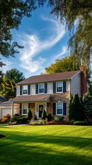 TwoStory Suburban Home with Stone Facade, Manicured Lawn, and Blue Sky