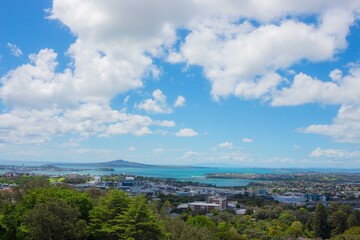 Metropolitan city view from green hill under blue summer sky.