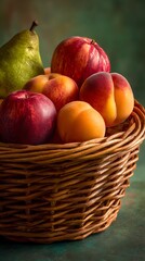 Wicker Basket Filled with Fresh Fruits Pear, Plums, Peaches, and Apricots