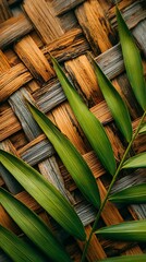 Woven Wood Pattern with Green Palm Fronds Texture Background