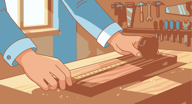 Carpenter Measuring Wood with Tape Measure and Ruler