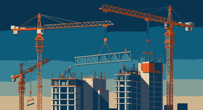 Busy construction site with multiple tower cranes lifting steel beams for new buildings, illustrating urban development.
