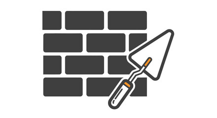 Simple vector icon of a masonry trowel and a dark grey brick wall for construction.