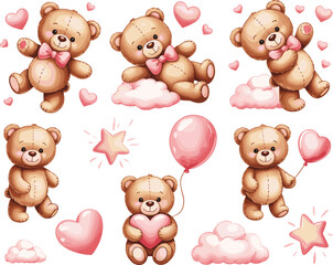 Cute teddy bear illustration set with pink hearts, balloons, clouds, and stars, adorable cartoon design for children and nursery decor