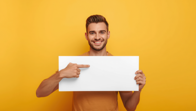 Transparent smiling man pointing at a blank white sign board he is holding against a yellow wall, copy space mockup