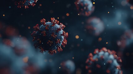 Detailed Microscopic View of Coronavirus Particles with Red Spikes Floating