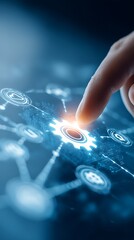 Finger Interacting with Blue Digital Gear and Network Icons on Screen