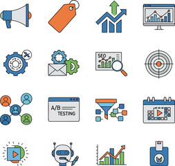 Collection of flat design icons representing business concepts like marketing analytics and strategy