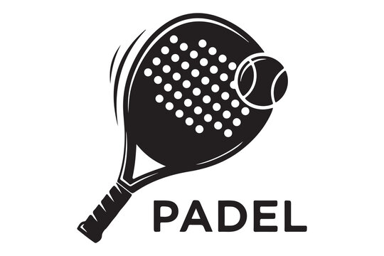 Black silhouette of a padel tennis racket hitting a ball isolated on white background