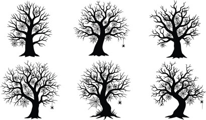 Spooky tree silhouette vector illustration set with spider webs and hanging spiders, abstract Halloween artwork, decorative forest design, creepy night inspired graphics