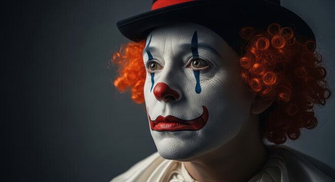 Pensive clown with orange hair and top hat in dramatic lighting