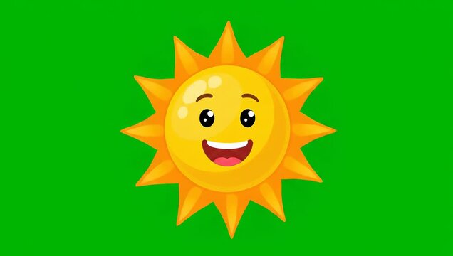A cheerful cartoon sun with a big smile and bright eyes on a green background.