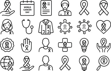 Line art illustration isolated on white background showcasing various symbols related to cancer awareness, including ribbons, medical tools, and supportive figures