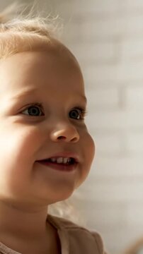 Close Up Profile of Toddler Girl with Hearing Aid Peach Color and Blonde Hair Tied Up Against a Soft Blurred Indoor Light Tone for Sensory Aids Promotion