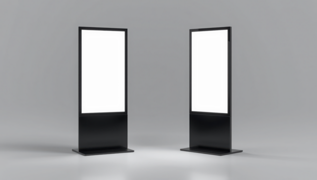 Transparent two modern digital advertising screens with blank white screens for advertisement on a gray  mockup 