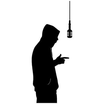A Artist silhouette with mic hanging upside down &ndash; modern trap vibe vector with white background 