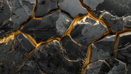 Fototapeta premium Close up of black and gold marble texture with intricate vein patterns visible