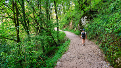 Female tourist hiking the mountain trails of the Alps in Slovenia.