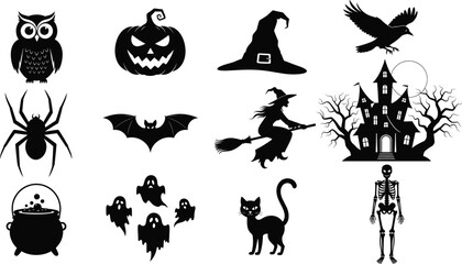 Halloween silhouette scene, black vector illustration, flying witches, spooky ghosts, haunted castles, bats, graveyard tombstones, spider webs, jack-o'-lantern, zombie hands, eerie tree