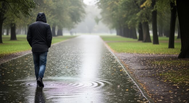 Solitary person in a hoodie walking down a wet park path on a rainy day.