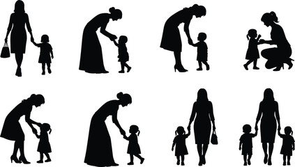 Mother and child silhouette set, black vector illustration, nurturing poses, emotional connection, parenting moments, family care design, maternal bonding graphic icons