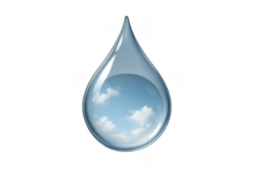 Water drop reflecting blue sky and clouds