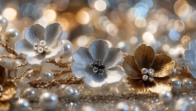 Delicate silver and gold floral arrangement with pearls and bokeh background