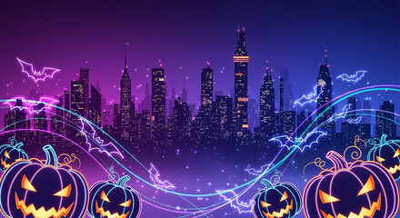 Obraz premium Cyberpunk Neon Halloween Background Template with Futuristic Pumpkins and City Lights