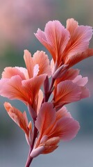 Fototapeta premium Close Up Macro View of Delicate Coral Pink Tropical Flower Blooms with Stamen Visible and Soft Bokeh Background in Early Morning Light