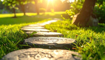 Sunlit garden path through grass