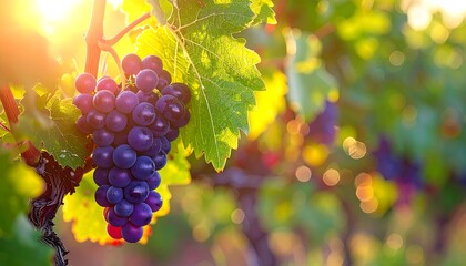 Sunlit grapes on vine