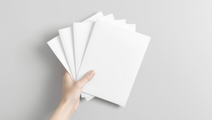 Transparent hand holding a stack of blank white paper sheets or magazines against a neutral gray background, perfect for mockups and design concepts mockup 