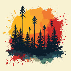 Abstract grunge Christmas tree vector illustration with stars, snow, and winter forest landscape