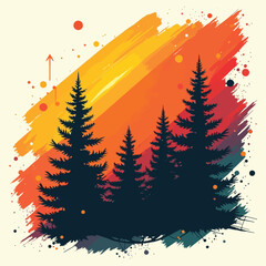 Abstract grunge Christmas tree vector illustration with stars, snow, and winter forest landscape