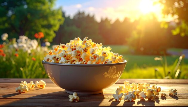 A bowl of popcorn sits on a wooden table, bathed in sunlight. The background features a green, blurred garden scene