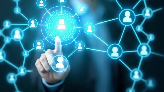 A businessman interacts with a digital network, symbolizing social media, business connections and online communication. Futuristic networking and technology concept. - Powered by Adobe