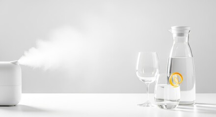 Modern white air humidifier diffusing steam for a healthy home environment with fresh lemon water.