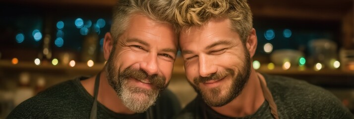 Happy gay couple smiling and embracing in kitchen