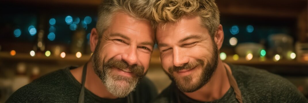 Happy gay couple smiling and embracing in kitchen