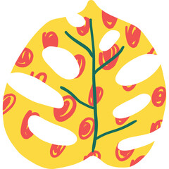 Abstract Monstera Leaf Pattern With Yellow Background And Red Swirls And White Cutouts And Green Stem In A Playful Doodle Style