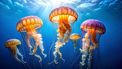 Sunlit jellyfish in deep blue ocean