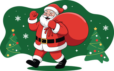 Cartoon santa claus walking with a red sack against a christmas background © Fakhar