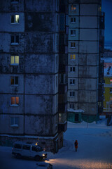 Russian city at night in winter. Norilsk