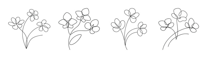 Four hand drawn sketchy floral elements with delicate petals and stems in white