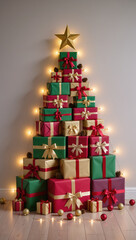 Festive Christmas tree made from happy stack of gift box presents with gold star and light for joyful holiday celebration