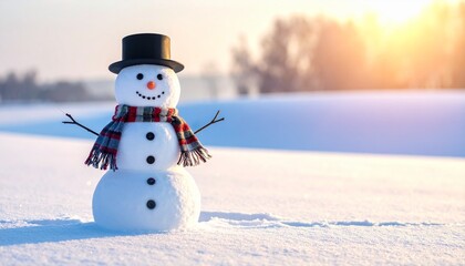 Cheerful Snowman in Sunny Snowy Landscape with Evergreen Trees