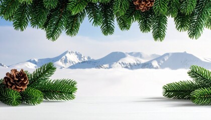 Festive Winter Landscape with Snowy Mountains and Holiday Decor