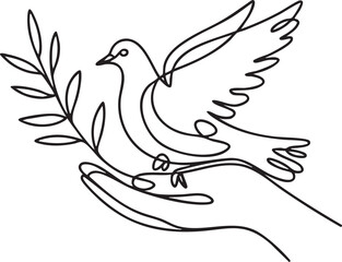 Fototapeta premium Continuous one line drawing of a hand gently holding a dove on a branch symbolizing peace, hope, compassion, and freedom in minimalist style