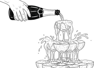 Hand pouring champagne from bottle into a tower of glasses creating a celebratory cascade