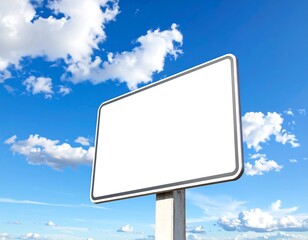 A blank, white rectangular sign with rounded corners stands against a vibrant blue sky dotted with puffy, white cumulus clouds